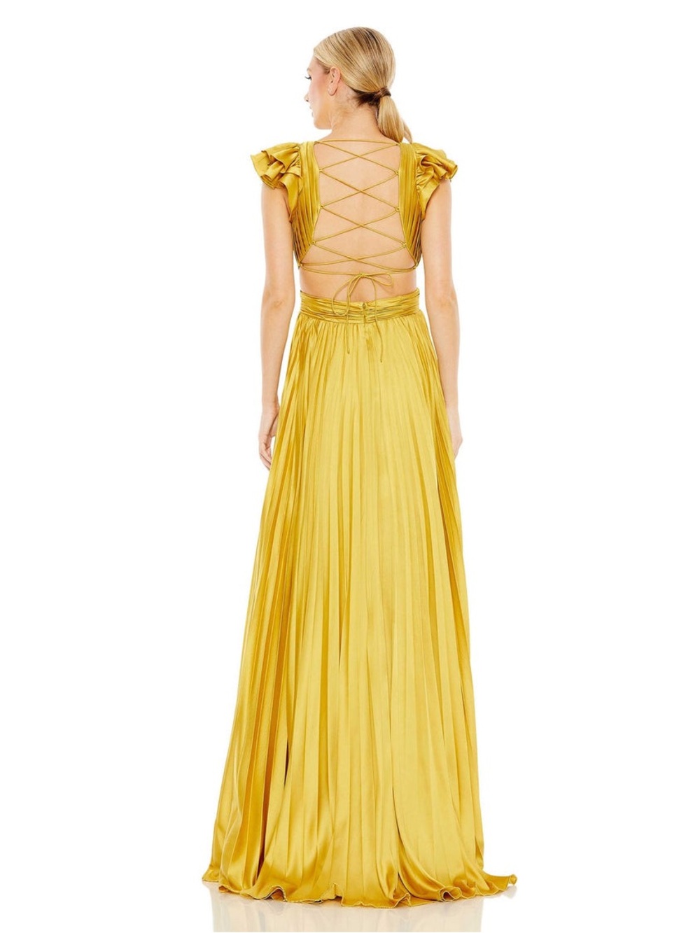 NWT Mac Duggal Gold Pleated VNeck Maxi Gown Ruffle Cap Sleeves Lace Up Back Sz 2 - Picture 2 of 6